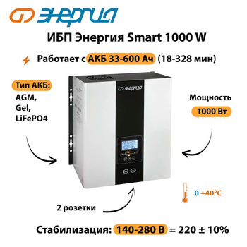 ИБП Энергия Smart 1000W - ИБП и АКБ - Энергия ИБП Smart - . Магазин оборудования для автономного и резервного электропитания Ekosolar.ru в Анапе